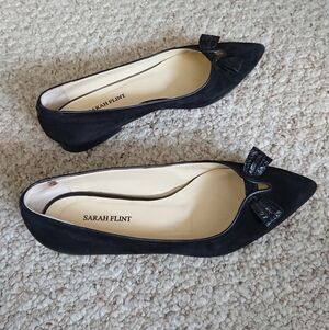 Sarah Flint Lana black suede flat with a snakeskin bow size 6.5